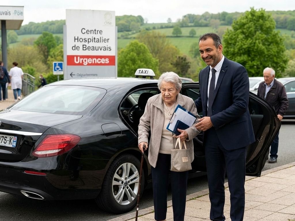 Billy, chauffeur Taxi SBO, aide une patiente à descendre du véhicule devant le Centre Hospitalier de Beauvais
