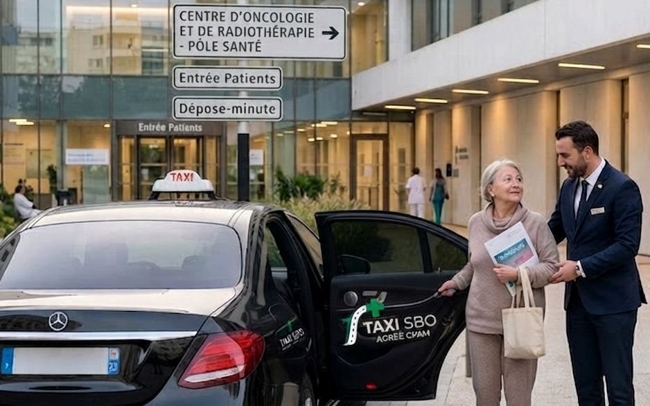 Dépose-minute d'une patiente devant le pôle santé par le chauffeur Taxi SBO
