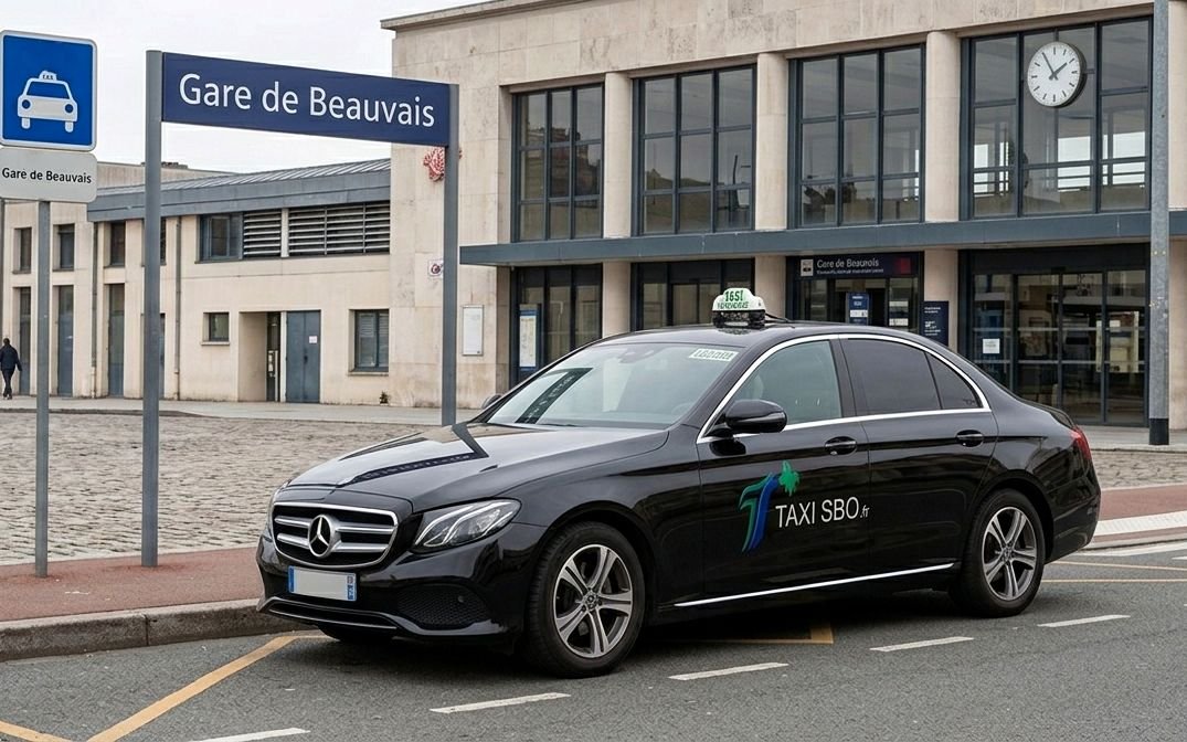 Taxi SBO stationné à la station de taxis de la gare de Beauvais