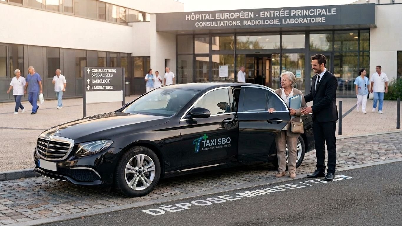 Taxi SBO à l'entrée principale de l'Hôpital Européen — consultations, radiologie et laboratoire