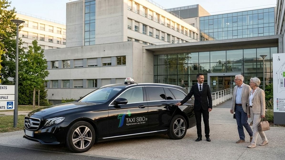 Taxi SBO devant l'entrée principale d'un centre hospitalier de l'Oise, chauffeur accueillant deux patients