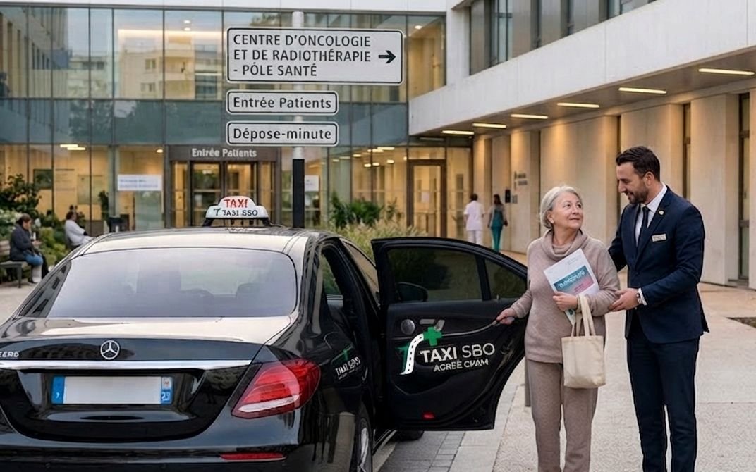 Taxi SBO conventionné CPAM devant le centre d'oncologie et de radiothérapie, entrée patients