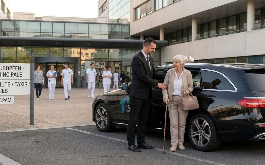 Prise en charge d'une patiente devant l'entrée principale de l'Hôpital Européen, arrêt minute taxis agréé CPAM