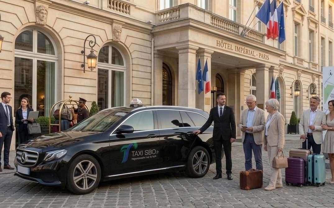 Transfert privé Taxi SBO devant un hôtel parisien, prise en charge des bagages